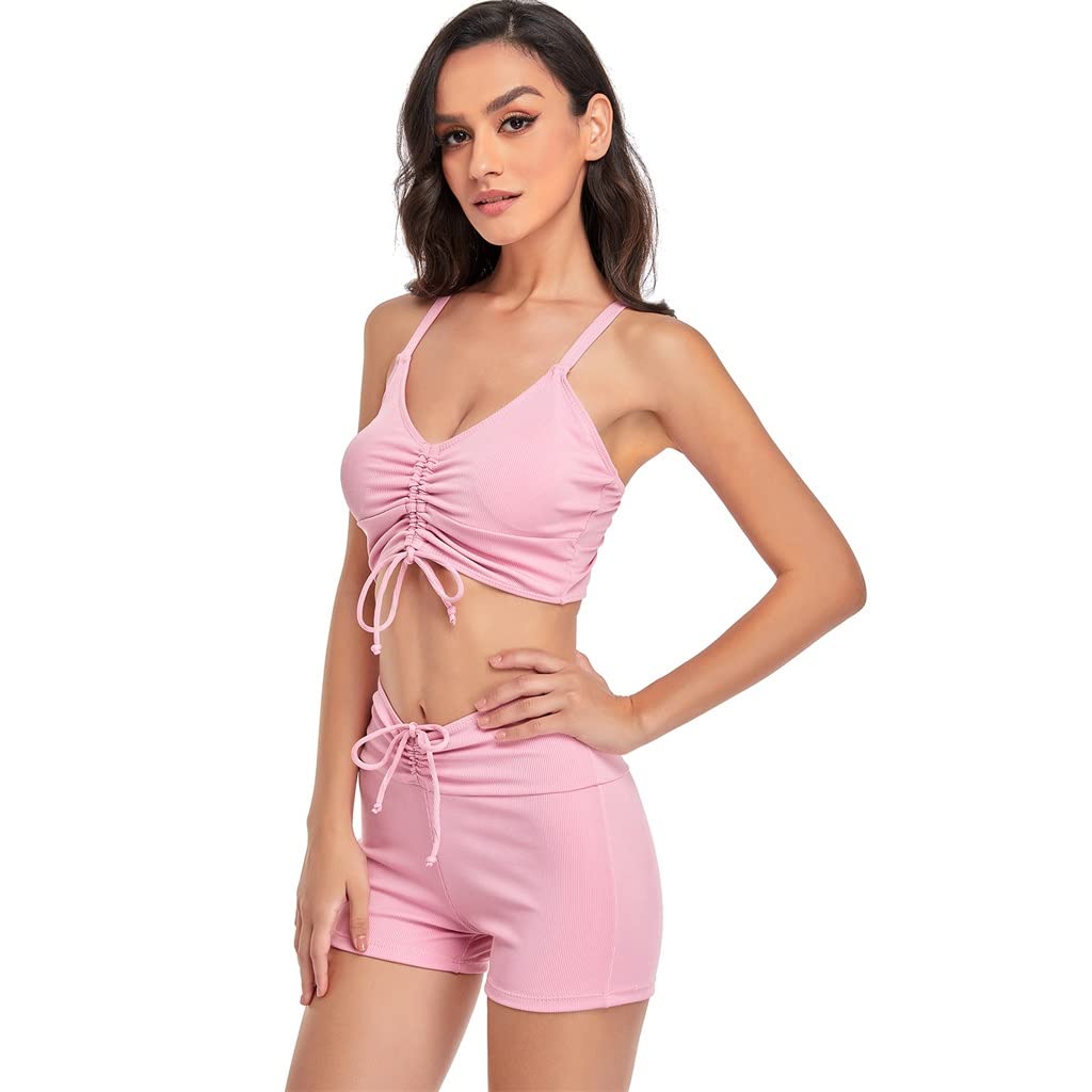 Strój kąpielowy damski bikini ze średnim stanem Strój kąpielowy damski seksowny sznurowany dwuczęściowy strój kąpielowy plażowe kostiumy kąpielowe (różowy XLcode)