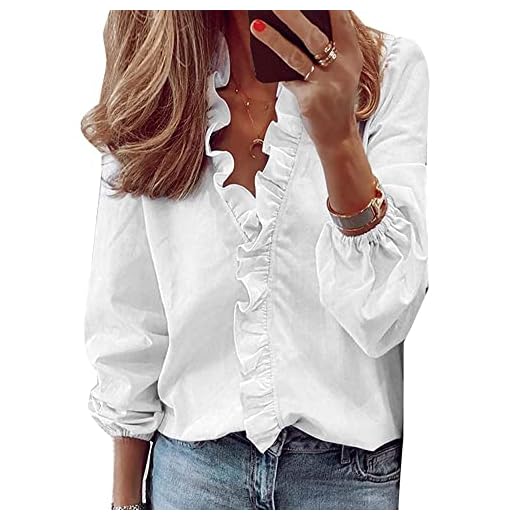 QKEPCY Camicetta da Donna Manica Lunga Pieghe Chiffon con Scollo a V Casual Tinta Unita (Bianco XL)