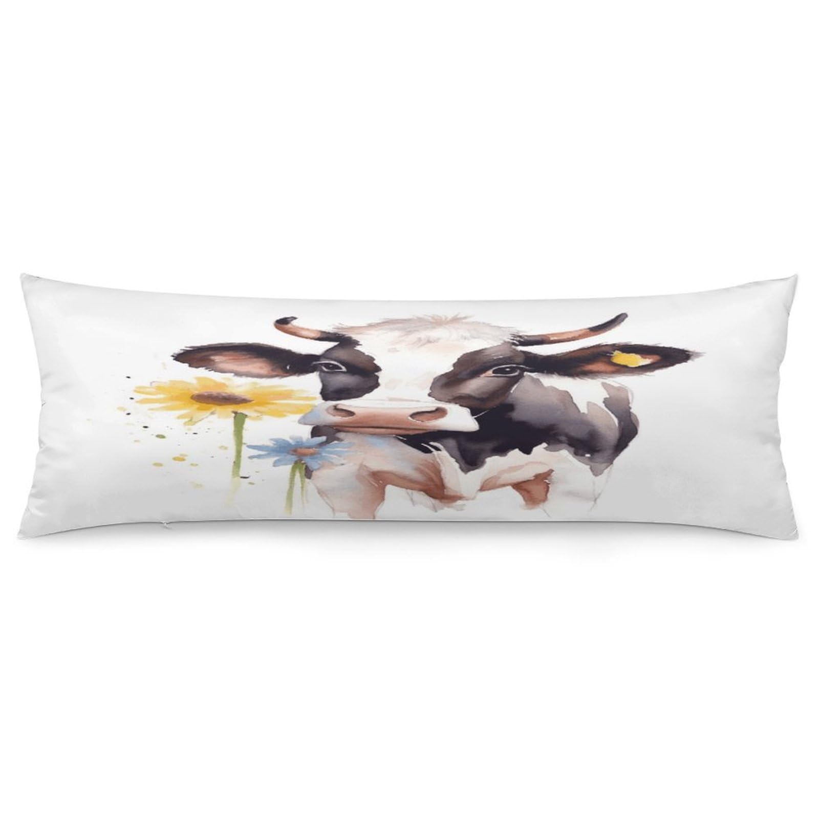 Watercolor Cow and Daisy Flower Throw Pillow Cover Soft Lumbar Pillow Covers with Zipper Breathable Rectangular Cushion Case Polyester Pillow Case Decorative Body Pillow Cover for Couch Bed