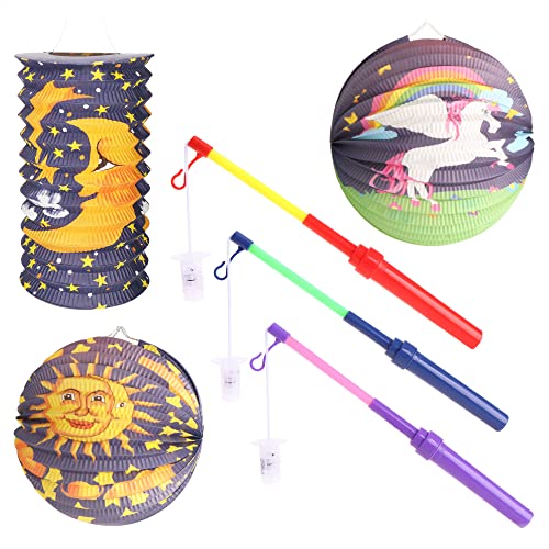 com-four® 6-teiliges Laternen-Set - Papierlaternen und Stäbe mit LED-Licht für Sankt Martin, Laternen-Umzug und Halloween - Martinslaterne für Kinder [Auswahl variiert] (6tlg Set - Laternen/Stäbe)
