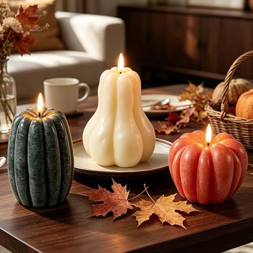 EVERLORIA 3 Pcs Fall Pumpkin Flameless Candle LED Battery Operated Pumpkin Candle Light with Remote Real Wax 3D Flickering Candles Autumn Thanksgiving Halloween Farmhouse Home Decoration Gift