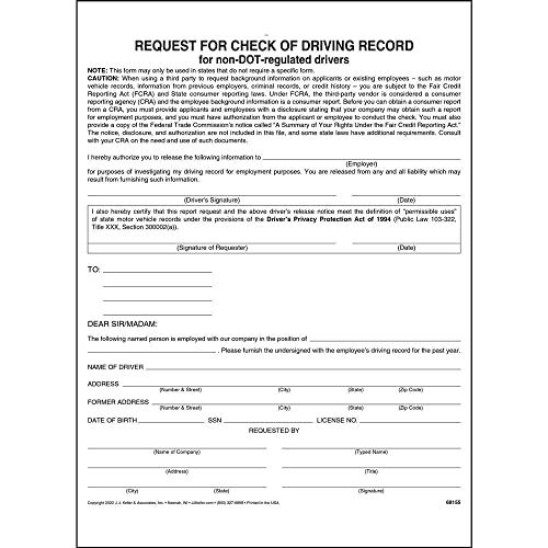 Driving Record Request for Non-DOT Regulated Drivers, Employee Form, 8.5 x 11, Single-Ply, 50-Pack, J. J. Keller & Associates, Inc.