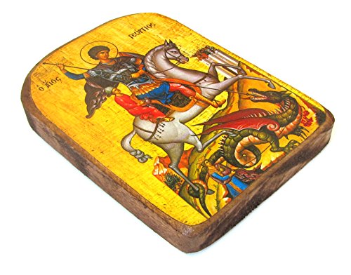 Iconsgr Wooden Greek Christian Orthodox Wood Icon of Saint George Riding His Horse and Slaying the Beast / MP2 - Image 2
