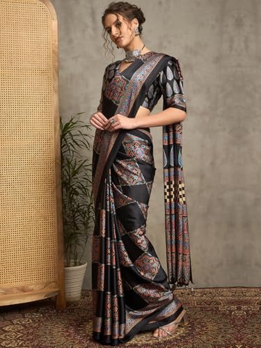 Image of AKHILAM Women's Pure Crepe Striped Printed Saree With Unstitched Blouse Piece