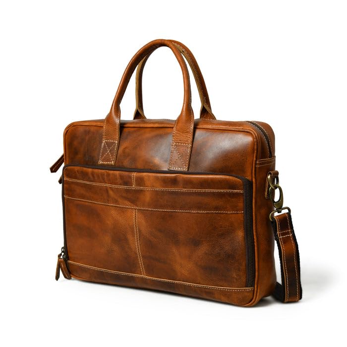 Image of MaheTri Unisex Bison Elite Leather Laptop Bag /Briefcase (16 inch) - Brown | Adjustable Shoulder Strap & Padded Handle | Vintage Crossbody & Shoulder Office Laptop Briefcase