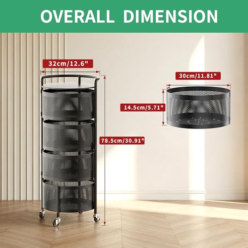 Image of JAQ Rotating Kitchen Storage Rack No Assembly, 4-Tier Metal Storage Tower Basket Shelves Organizer on Rolling Wheels with Removal Drawers for Fruit Vegetable Grocery (4-Tier, Black, Corner Shelf)