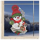 DSD Design-Studio Drechsler Winter-Fensterbild niedlicher Schneemann Fenster-Dekoration Weihnachten aus Plauener Spitze mit Vögelchen 24x15 cm