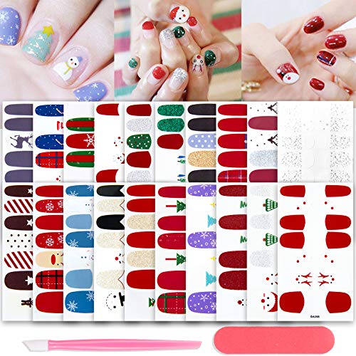 20 Sheets Soild Color Christmas Gel Nail Strips Cute Nail Polish Glitter Stickers Self-Adhesive Fake Nails Art Street Decal Xmas Design Manicure Set wtih Nail File & Cuticle Pusher for Women Girls
