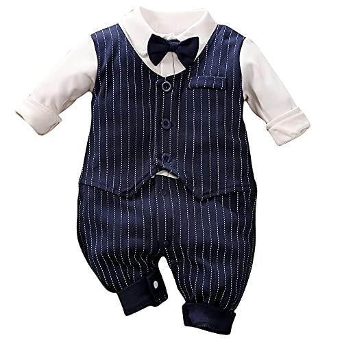 AGQT Infantil Bebé Niños Gentleman Jumpsuit Trajes de mameluco formal Bautizo Rayas Body Ropa para recién nacidos Trajes Pajarita negra Rayas azul marino Talla 3-6 meses Cover