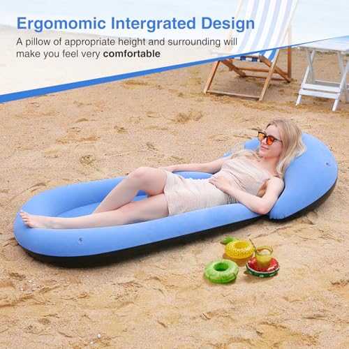 ROUSKY Inflatable Beach Mat with Pillow, Portable Flocked Beach Lounger with Raised Edges, Sand-Free Sunbathing Mat for Beach, Poolside, Camping, Picnic and Outdoor Relaxation, 70 x 29 Inch(Blue) - image 2