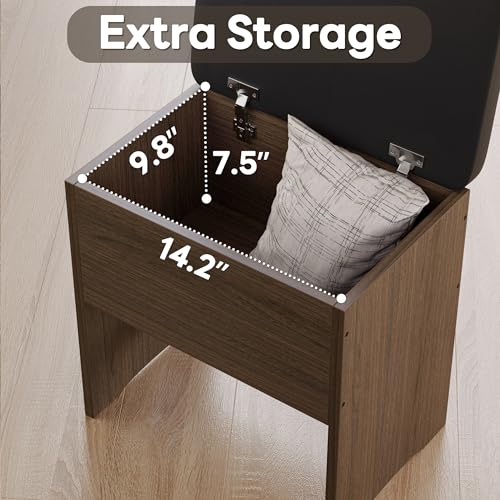 Image of LIKIMIO Small Vanity Desk with Mirror Lights and Storage Stool | Walnut compact vanity with 3 light modes, charging station, storage drawer, 3 shelves and upholstered stool
