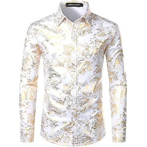 PARKLEES Men's Luxury Paisley Gold Shiny Printed Stylish Slim Fit Button Down Dress Shirt PZLCL18 White Gold XL Cover