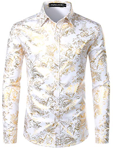 PARKLEES Chemise de luxe pour homme, imprimé élégant, coupe ajustée, boutonnée Motif cachemire doré brillant, Blanc/doré, S