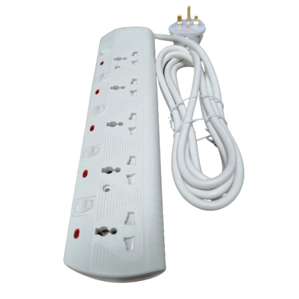 Rr Esma Approved Universal Power Extension Socket With Individual Neon Light Switches - 13A Plug 250V (5 Way - 3 Mtr Cable)