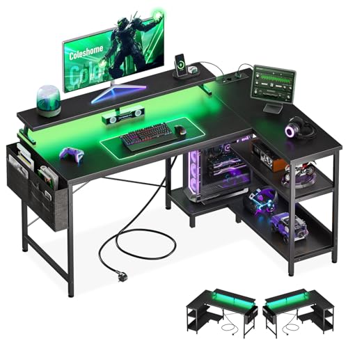 Coleshome Escritorio Gaming con LED, 120x80cm Escritorio Esquina con Estantes Reversibles, Mesa Gaming en L con Tomas de Corriente y USB Mesa de Juegos con Soporte Monitor Hogar Oficina, Negro
