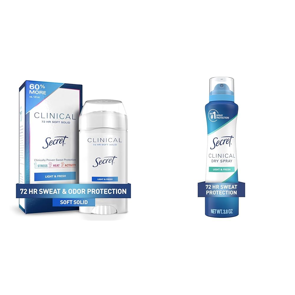 Secret Clinical Strength Antiperspirant Deodorant for Women, Stick + Spray Bundle, 3X Stress/Sweat/Odor Protection, Soft Solid & Dry Spray, Light & Fresh Scent, 2.6 oz & 3.8 oz, (Pack of 2)