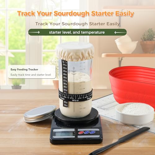 Image of Sourdough Starter Kit for Beginners, 34 oz Starter Jar with Scale Marking, 2 Silicone Proofing Baskets, Complete Bread Baking Kit with Guide & Recipes, Easy to Use & Clean - Red