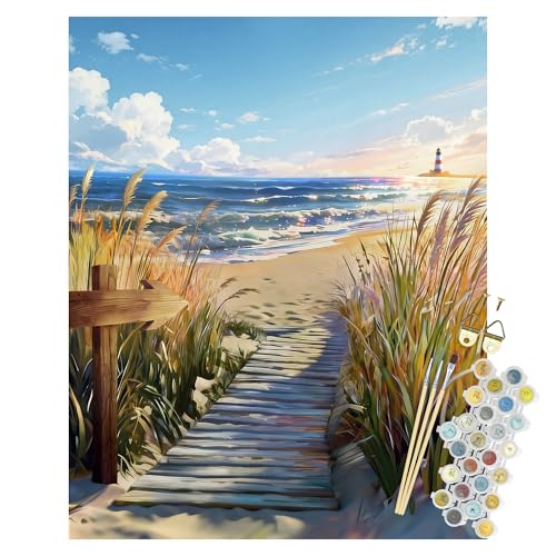 Npcswxq Beach Paint By Numbers Kit for Adults Beginners Beachside Reed Lighthouse Adult Paint by Number on Canvas Ocean DIY Acrylic Number Artist Paint Kit for Home Wall Decor Holiday Gifts 16x20Inch