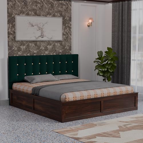 Image of Sheesham Wood Queen Size Bed With Storage Box | Upholstered Beds | Platform Cot With Cushioned Headboard | Double Bed For Home | Recommended Mattress 78x60 Inch | Bottle Green & Walnut Finish