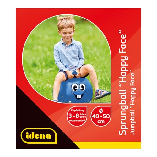 Idena 40094 Happy Face Ballon de Saut Bleu Diamètre env. 45-50 cm Charge Max. 50 kg Idéal pour l'été, Le Parc ou la Maternelle – vue 2