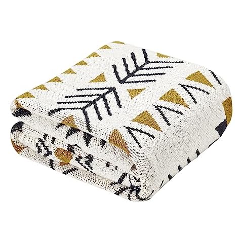 Nevni Aztec Cotton Throw Blanket, Beige Cover