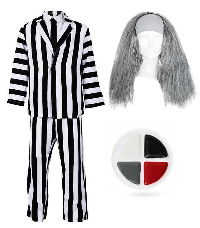 Adults Crazy Ghost Halloween Costume  Black & White Striped Suit, Black Tie & Grey Wig  Adults Fancy Dress for Haunted House, 80s Movie, Comic Con & Horror Party - Medium