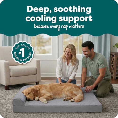 Image of Furhaven Cooling Gel Dog Bed for Large Dogs w / Removable Bolsters & Washable Cover, For Dogs Up to 95 lbs - Pinsonic Quilted Paw L Shaped Chaise - Titanium, Jumbo /XL