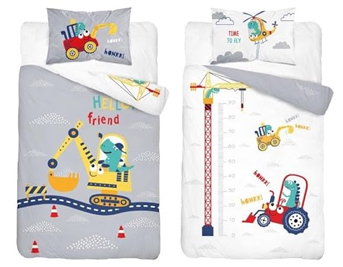 Set di biancheria da letto reversibile Crain Truck Building Site Digger Diggers Costruzione grigio Blu Biancheria da letto per bambino culla copripiumino e federa … (90x120cm)