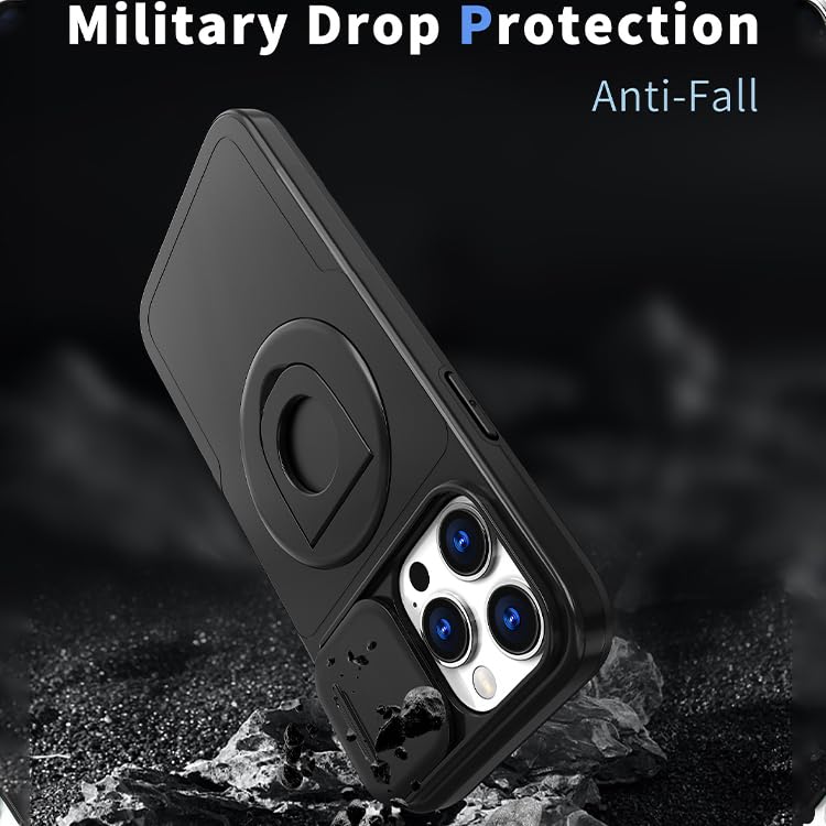 Image of LuxuryKase MagSafe Shockproof Rugged Back Case for iPhone 15 Pro Max | Finger Ring Kickstand & Sliding Camera Cover | Military Drop Protection | Wireless Charging Support - Black