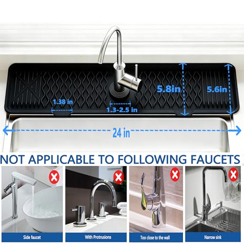 Image of EBIGIC 24 Inch Silicone Faucet Mat for Kitchen Sink, 7 Slope Fast Self-Draining Sink Splash Guard, Kitchen Sink Water Catcher Organizer, Kitchen Sink Accessories (Black, 24''x5.6'')