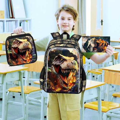 Image of 3Pcs Dinosaur Backpack for Boys, 16 inch Kids School Bookbag with Lunch Box, Dino Backpacks Set for Elementary Preschool Kindergarten(Brown)