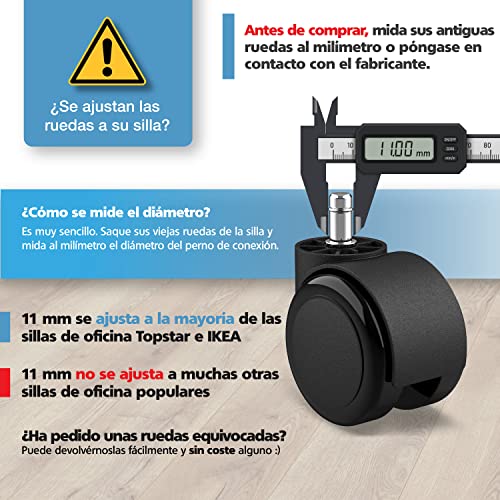 Miniatura 2 de Ravn Haman Juego De 5 Ruedas Para Sillas Giratorias De Oficina 11 Mm X 22 Mm - Ruedas Para Suelos Duros De Hasta 175 Kg - Fácil Instalación Sin Herramientas, Poliuretano Pu , Negro