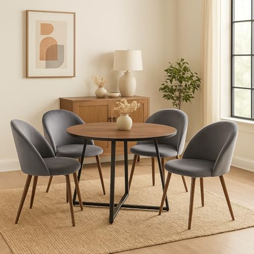 Image of 5-Piece Modern Round Dining Table Set, 35'' Wooden Table with 4 Velvet Upholstered Chairs, Compact Space-Saving Furniture for Small Apartments, Kitchens, and Dining Rooms (Brown Top, Gray)