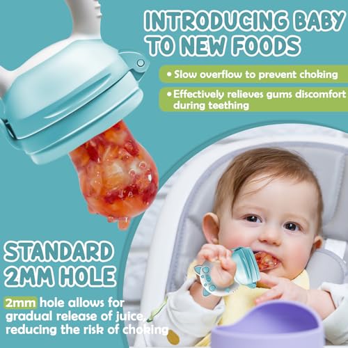 Fruchtsauger Baby, 2 Stück Obstschnuller für Babys ab 3 Monate, 2023 Upgrade Version, Schnuller Zum Befüllen, Breisauger, Obst Schnuller Baby, BPA frei, 8 Silikon Sauger in 3 Größen