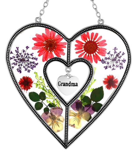KY&BOSAM Grandma Heart Suncatcher Grandma Gifts Staiend Glass Wind Chimes for Outside Pressed Flower Colorful Heart Suncatchers Outdoor for Garden Windows Indoor Home Trees Patio Yard Porch Decor