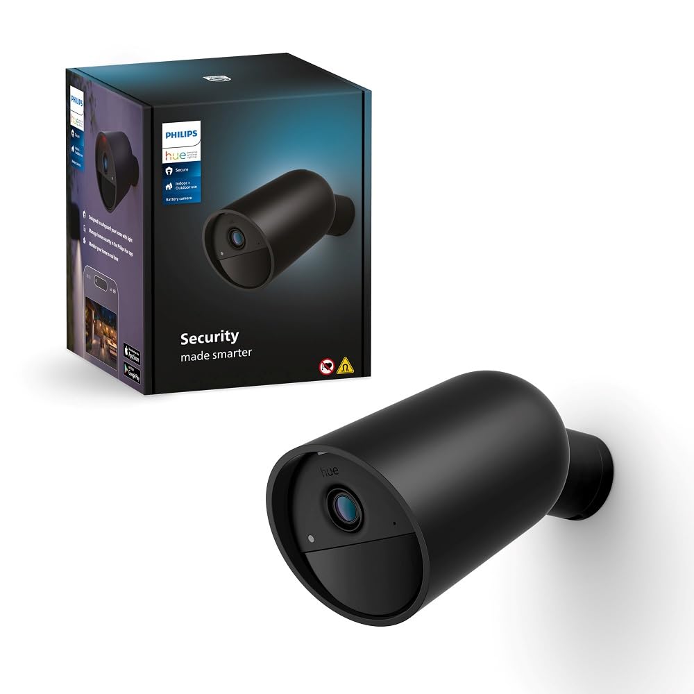 Philips Hue Secure batteriebetriebene Smart 1080p Home Sicherheitskamera, für drinnen oder draußen, Zwei-Wege-Gespräch, funktioniert mit dem Security Center in der Hue App, schwarz, 1er Pack