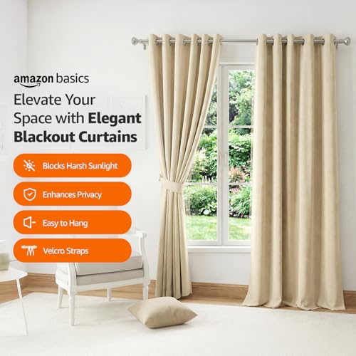 Image of Amazon Basics - Room Darkening Blackout Door Curtains, 100% Room Darkening | 9 Feet |Set of 2| Plain Design | for Living Room and Bedroom | 115cmx 274cm, Color- Cream