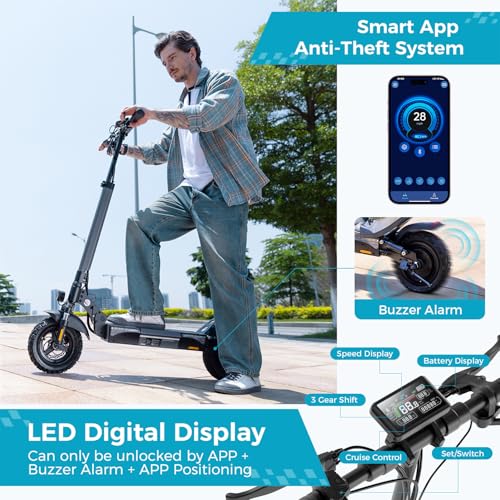 Electric Scooter for Adults, 28MPH Speed, 28Mile Range, 1000W Powerful Motor, 10″ Off-Road Tires, Dual Suspension & Ambient Light & Turn Signals, Commuting Foldable Scooter, App Supports
