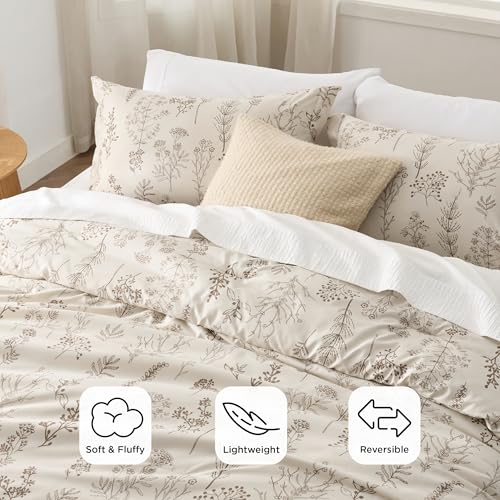 Image of Bedsure Full Comforter Set - Natural Bed Set, 3 Pieces Cute Floral Bedding, 1 Soft Botanical Flowers Comforter and 2 Pillow Shams