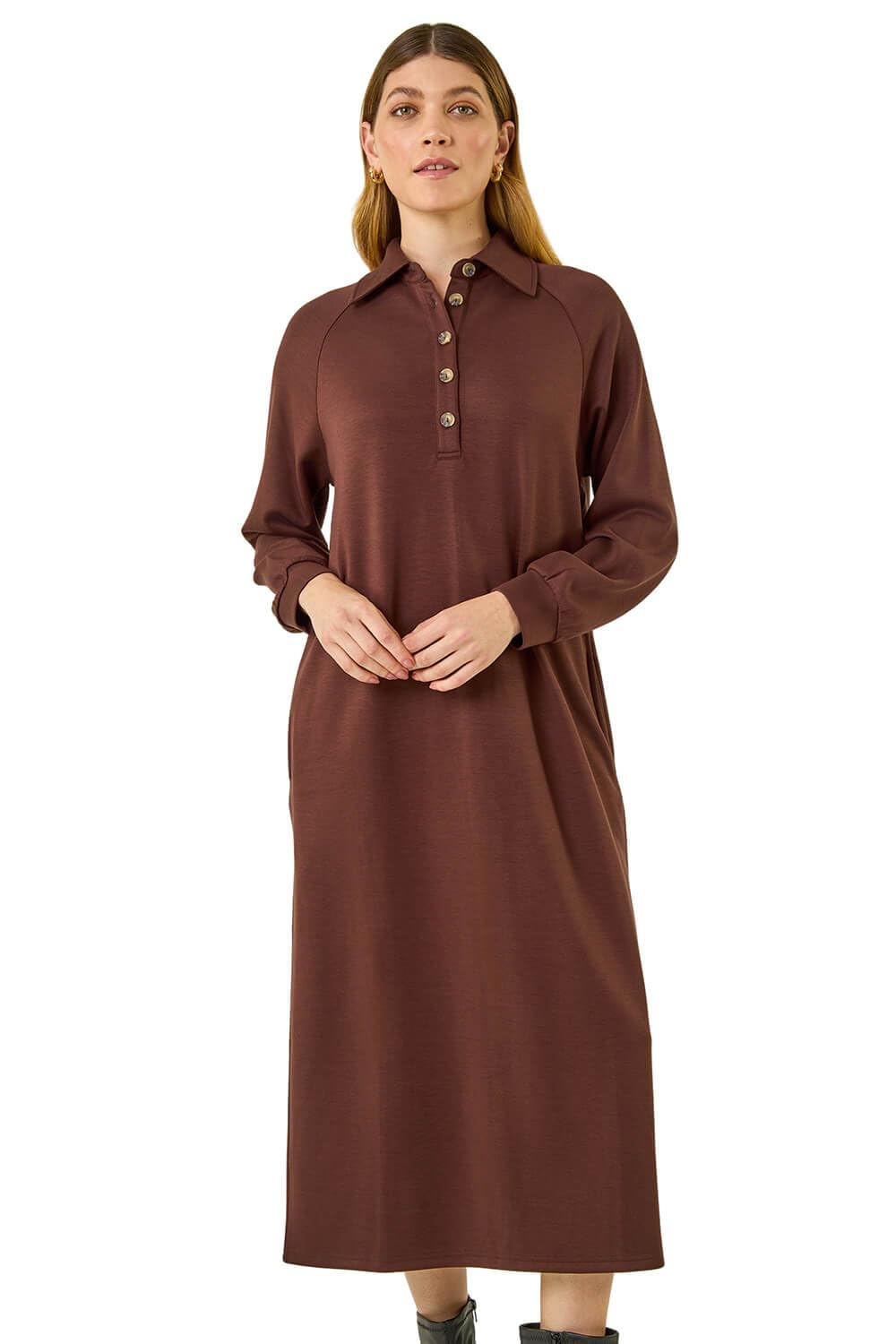 Roman Women's Chocolate Buttoned Collar Midi Dress