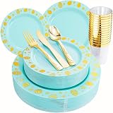 LUODA 150Pcs Blue Easter Plastic Plates with Gold Eggs Design, Disposable Gold Plastic Silverware an
