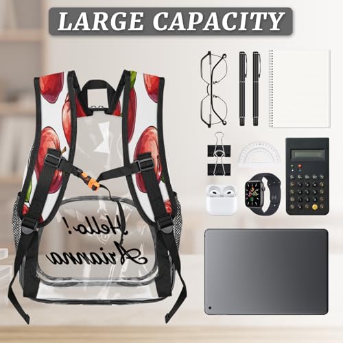 Apples Personalized Large Clear Backpack Heavy Duty for Stadium Approved Custom Fruits and Leaves PVC Transparent Backpack with Name See Through Bag for Concerts3
