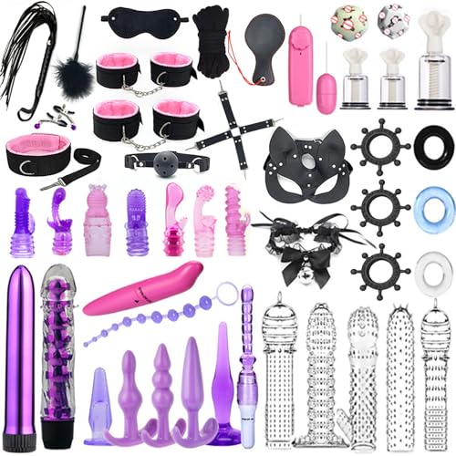 Bondage Set Jouets Sexuels avec 47 Pièces Lit Sm Bondage Sexuel Extrêmement Érotique Jouets Sexuels Fétichistes avec Menottes Réglables Menottes de Cheville Plug Anal Fouet Bandeau pour Femmes Hommes