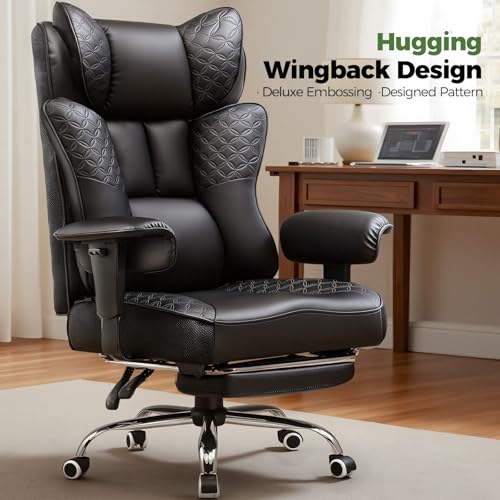 Image of GTPLAYER Big and Tall Office Chair Wide Ergonomic Gaming Chair with Deluxe Embossing Designed Leather with Foot Rest,150Reclining Adjustable Soft Armrests Pocket Spring Back Support and Pillow