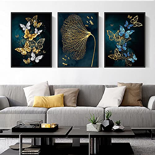 Peinture sur toile papillon or pour un salon moderne, grand triptyque abstrait nordique chic