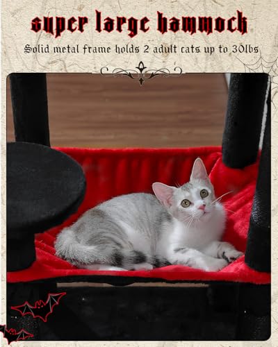 Image of MUTTROS Gothic Cat Tree with Super Large Hammock, 56.3 inch Black Cat Tower with Coffin Bed, Cat Condo, Sisal Scratching Posts & Top Perch, Multi-Level Goth Cat Tree, Halloween, Black