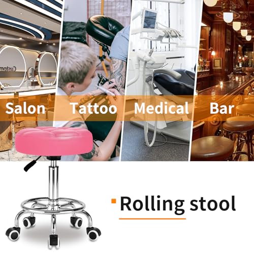 Image of Rolling Stool PU Leather Round - Ultra Soft Padded Seat Cushion Stool with Wheels with Footrest, Weight Capacity 300lb,Adjustable Height Stool for Tattoo Massage Salon Medical Spa Center (Pink)