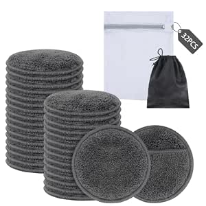 SUNLAND Reusable Makeup Remover Pads for Face, Eye, Lips - 32 Pack Microfiber Cleansing Gloves with Laundry Bag and Travel Bag (Dark Grey)