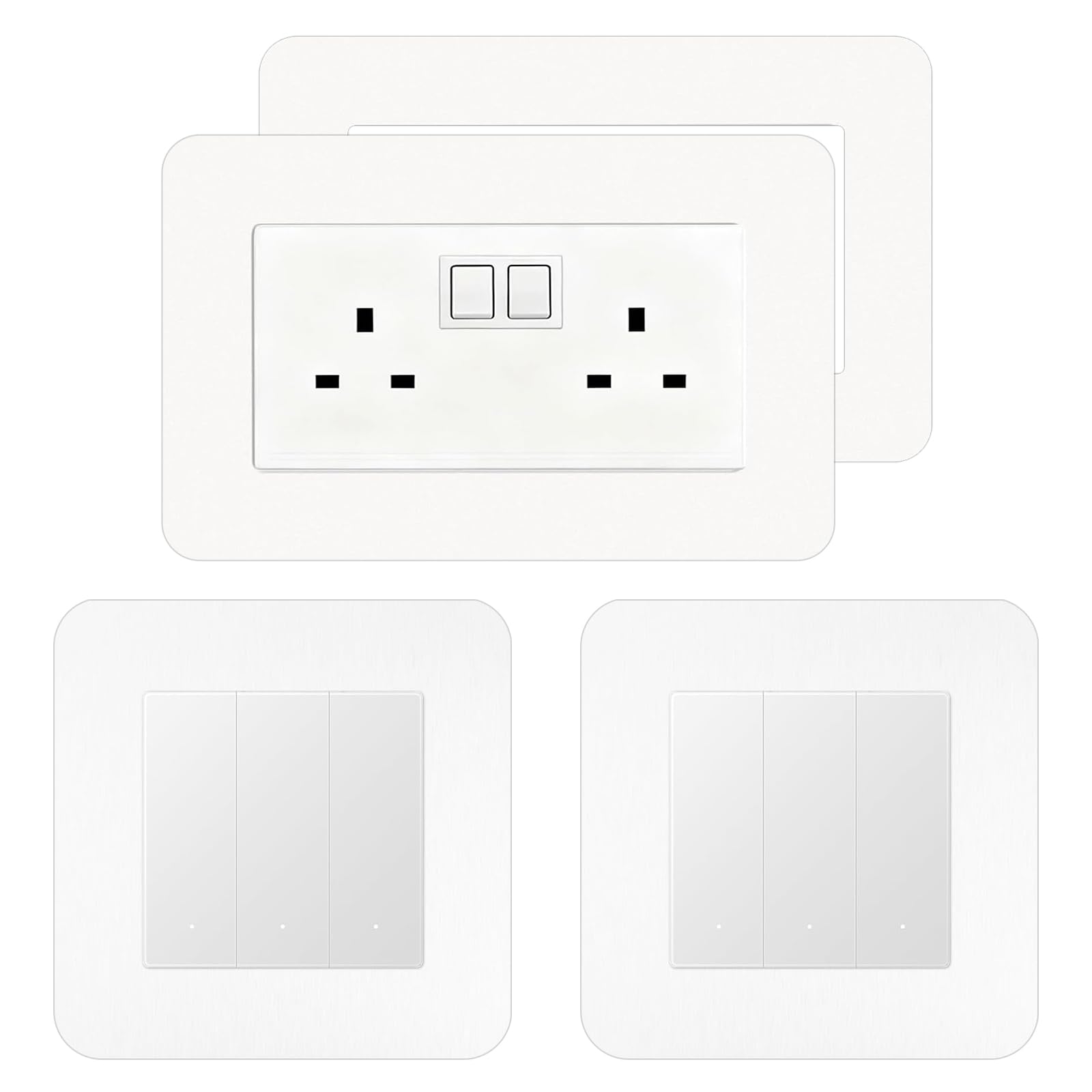 CANGCANG 4PCS Light Switch Surrounds, 2pcs Double Socket Surround(5.57" x 3.39"), 2PCS Light Switch Cover Plates(3.38" x 3.38"), Switch Protector Wall Stickers for Home Decor(White)