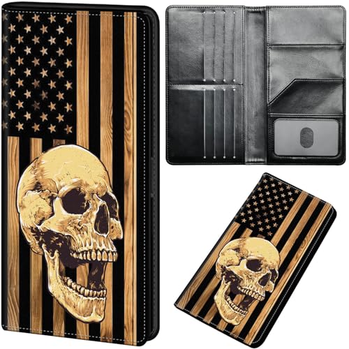 Wallet Women Ultra Slim Thim PU Leather Womens Wallet RFID Blocking Credit Card Holder Bifold Long Ladies Billfold, Flag Skull